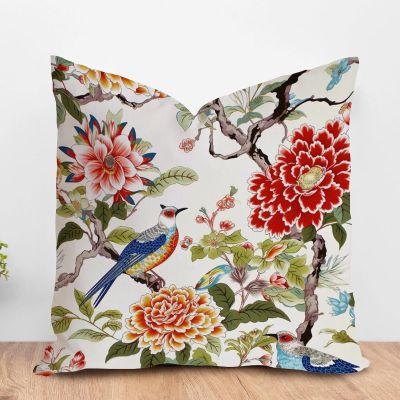 ArogGeld Bird in Peony Tree Coral Cushion Cover Red Peony Flower Animal Bird Square Throw Pillows Traditional Chinese Chinoiserie Accent Pillow for Bedroom Sofa Couch 26x26in White Linen