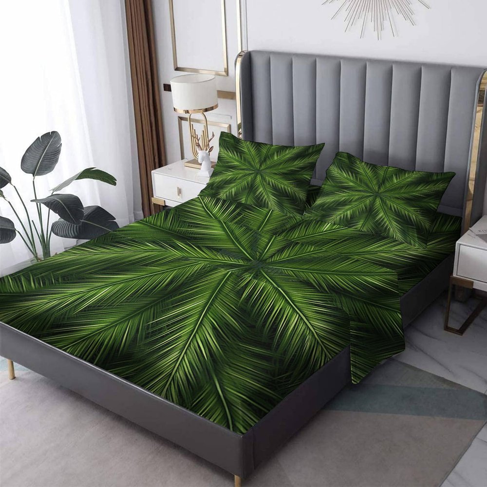Leaf Sheets King Size, Palm Leaf Green Bed Sheets, Patterned Bedding Sheets & Pillowcases 4 Piece Set - Soft Microfiber Deep Pocket Fitted Sheet & Flat Sheet & 2 Pillow Cases K0-&-150
