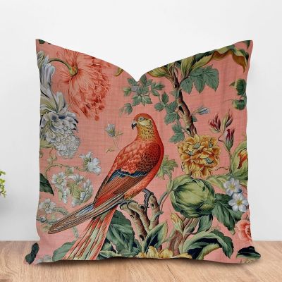 ArogGeld Asian Style Chinoiserie Sofa Cushion Cover Blush Pink Chinoiserie Flower Bird Throw Pillows Peacock Animal Asian Garden Floral Throw Pillow Case Farmhouse Decor 24x24in White Flax