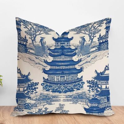ArogGeld Chinoiserie Asian Blue Pagoda Farmhouse Cushion Cover Oriental Ancient China Garden Home Decor Cushion Covers Chinoiserie Chic Asian Double Side Pillow Cover Case 24x24in White Linen