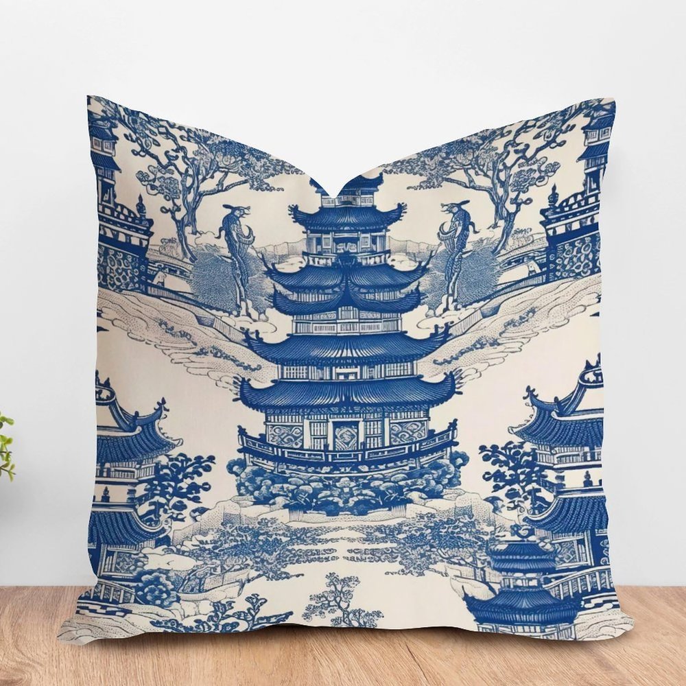 ArogGeld Chinoiserie Asian Blue Pagoda Farmhouse Cushion Cover Oriental Ancient China Garden Home Decor Cushion Covers Chinoiserie Chic Asian Double Side Pillow Cover Case 24x24in White Linen
