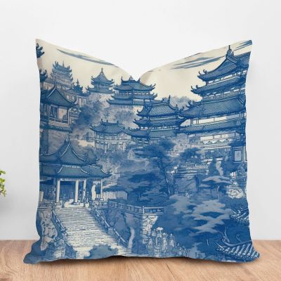 ArogGeld Chinoiserie Asian Aqua Blue Pagoda Throw Pillow Cushion Oriental Ancient China Garden Square Throw Pillow Covers Oriental Chinoiserie Throw Pillowcase for Living Room 24x24in Linen