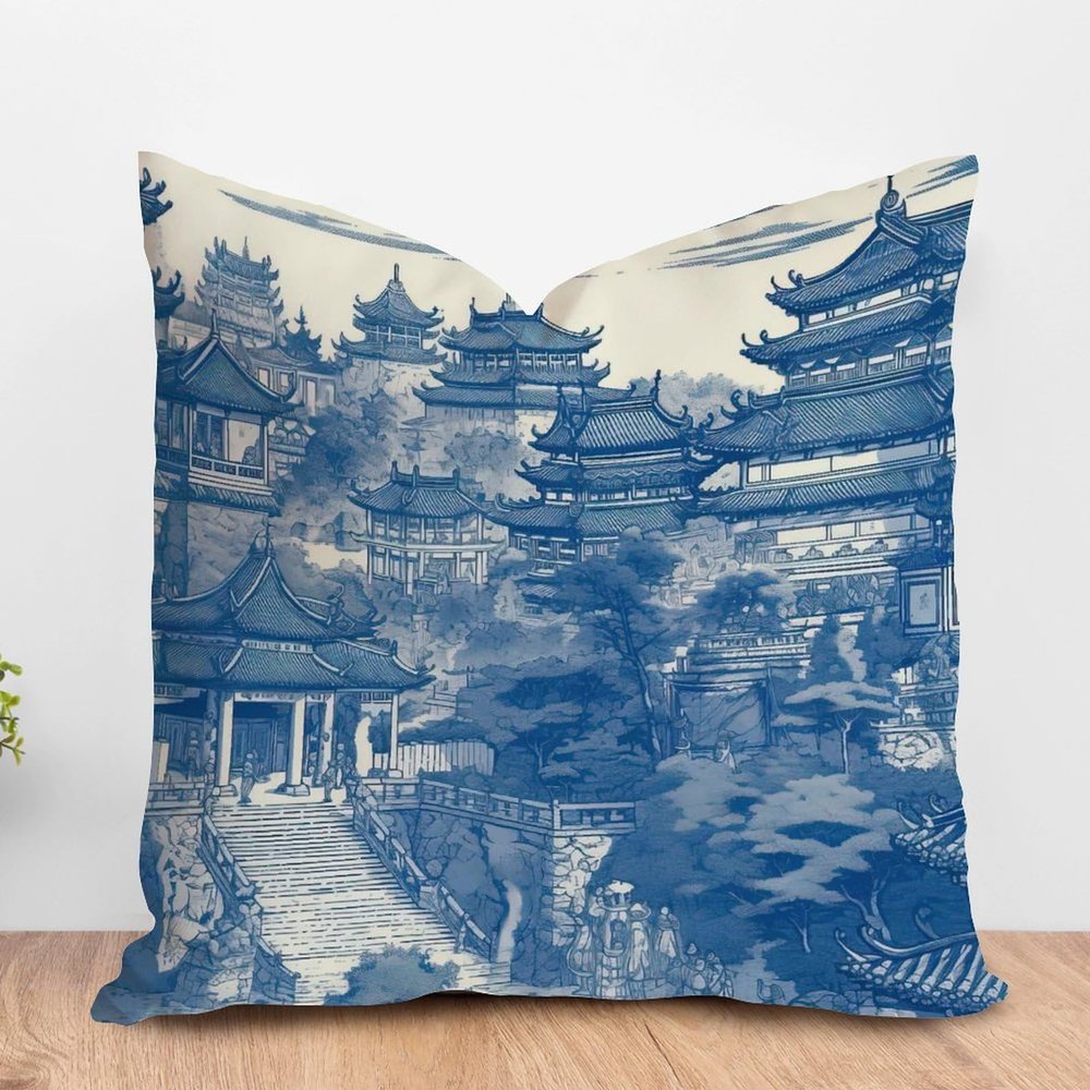 ArogGeld Chinoiserie Asian Aqua Blue Pagoda Throw Pillow Cushion Oriental Ancient China Garden Square Throw Pillow Covers Oriental Chinoiserie Throw Pillowcase for Living Room 24x24in Linen