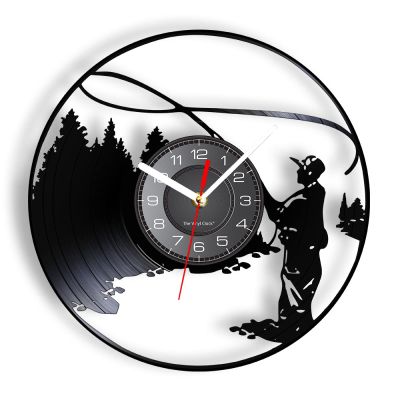 ICECHEN Vinyl Record Wall Clock Fisherman Lake Fishing Silhouette Wall Clock Angling Handicraft Art Home Decor Wall Watch Man Cave Vinyl Lp Record Wall Clock