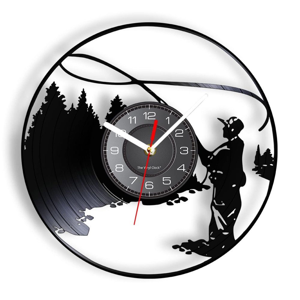 ICECHEN Vinyl Record Wall Clock Fisherman Lake Fishing Silhouette Wall Clock Angling Handicraft Art Home Decor Wall Watch Man Cave Vinyl Lp Record Wall Clock