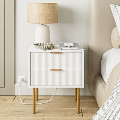 AEPOALUA Nightstand with Charging Station,Morden Bedside Table with Gold Frame,Small White Night Stand,End Table,Bedside Furniture,Side Table with Drawer and Shelf for Bedroom,Living Room
