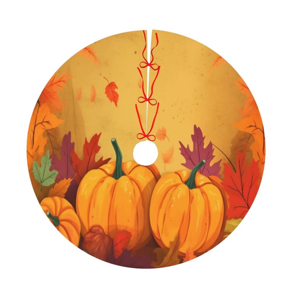 Fall Maple Pumpkins Christmas Tree Skirts, 30" Thanksgiving Xmas Trees Skirts Tree Cloth Mats for All Season Decorations for Party Home Outdoor