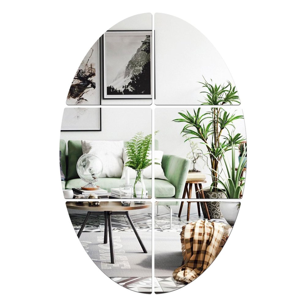 6Pack Acrylic Mirror Wall Stickers,Oval Mirrors Tiles Self Adhesive, Unbreakable Mirrors Stickers, Shatterproof Mirror Sheets for Bathroom Living Room (Silver)