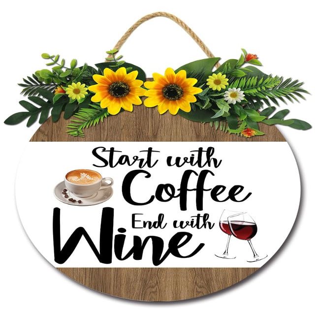 Sokomurg Coffee Bar Sign Start with Coffee End Wine Sign 11" Rustic Farmhouse Round Wooden Wreath Decor for Coffee Lover Coffee Station Kitchen