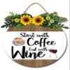 Sokomurg Coffee Bar Sign Start with Coffee End Wine Sign 11" Rustic Farmhouse Round Wooden Wreath Decor for Coffee Lover Coffee Station Kitchen view 1