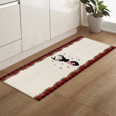 Runner Rugs And Mats 1 Pcs, Christmas Reindeer Head Silhouettes Elk Pine Branch Cones Red Black Plaid Non Slid,Absorbent Kitchen Rug,Rubber Dots Backing Indoor Door Mat,Standing Mat 19.7x63 Inch