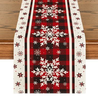 Artoid Mode Buffalo Plaid Snowflakes Christmas Table Runner, Seasonal Winter Kitchen Dining Table Decoration for Home Party Decor 13x60 Inch