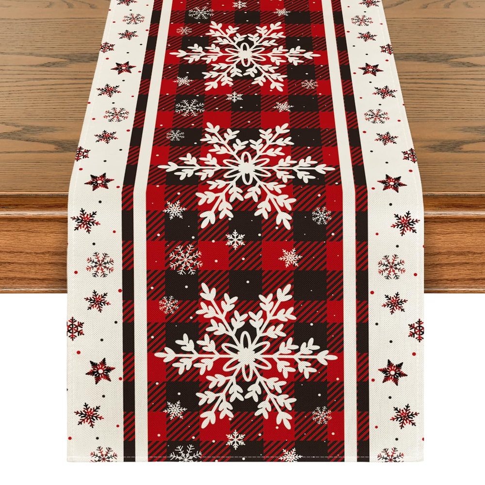 Artoid Mode Buffalo Plaid Snowflakes Christmas Table Runner, Seasonal Winter Kitchen Dining Table Decoration for Home Party Decor 13x60 Inch