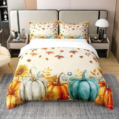 100% Cotton Fall Pumpkin Bedding Set for Home Full Size Thanksgiving Harvest Season Decor Duvet Cover Autumn Fall Maple Leaf Comforter Cover for Kids Teen Adults,Rustic Farm Sunflower Bed Set