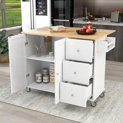Augensternchen Rolling Mobile Kitchen Island with Solid Wood Top and Locking Wheels52.7 Inch WidthStorage Cabinet and Drop Leaf Breakfast BarSpice Rack, Towel Rack & Drawer White