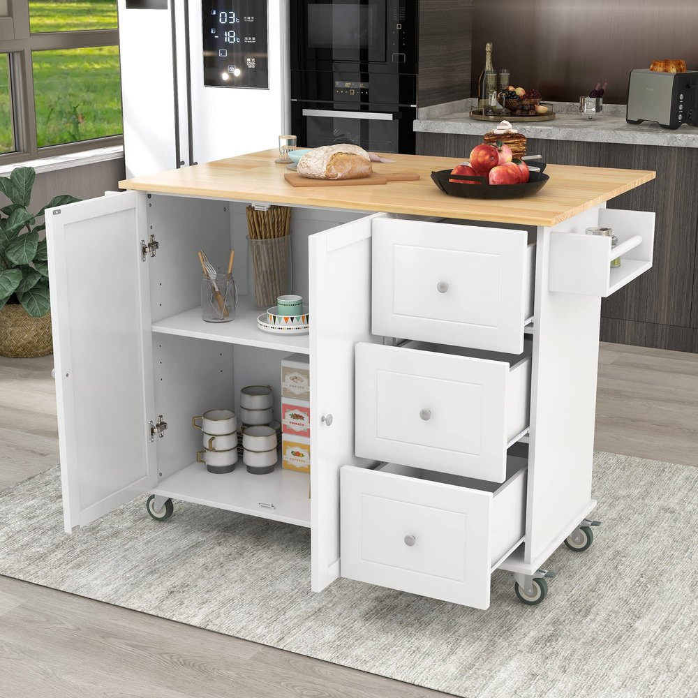 Augensternchen Rolling Mobile Kitchen Island with Solid Wood Top and Locking Wheels52.7 Inch WidthStorage Cabinet and Drop Leaf Breakfast BarSpice Rack, Towel Rack & Drawer White
