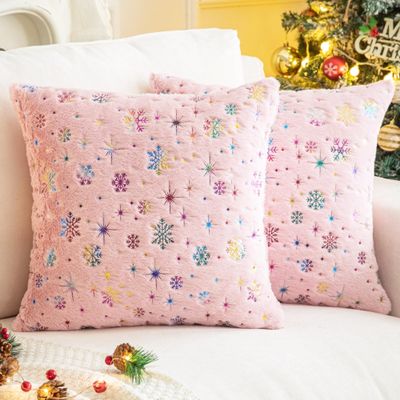 AQOTHES Soft Faux Fur Fuzzy Cute Decorative Throw Pillows Covers with Snowflake Glitter Printed Pillowcases for Christmas Decor Home Bed Room Sofa Chair Couch, Colorful Pink 20x20 inch, Pack of 2