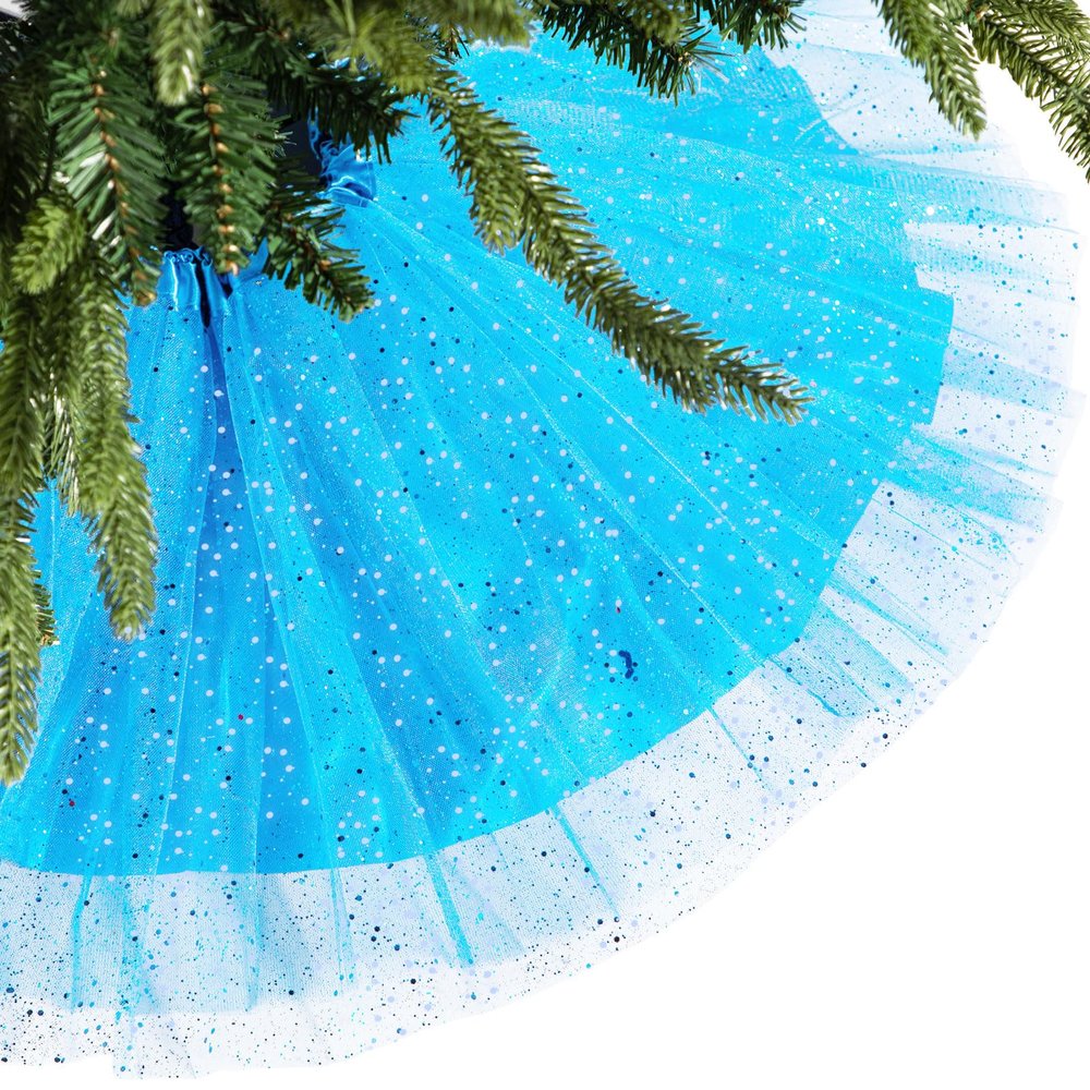Skylety 48 Inch Christmas Tree Skirt Ruffle Tulle Sequin Round Glitter Double Layers Xmas Tree Skirt for Christmas Holiday New Year Wedding Anniversary Birthday Party Indoor Decoration(Light Blue)