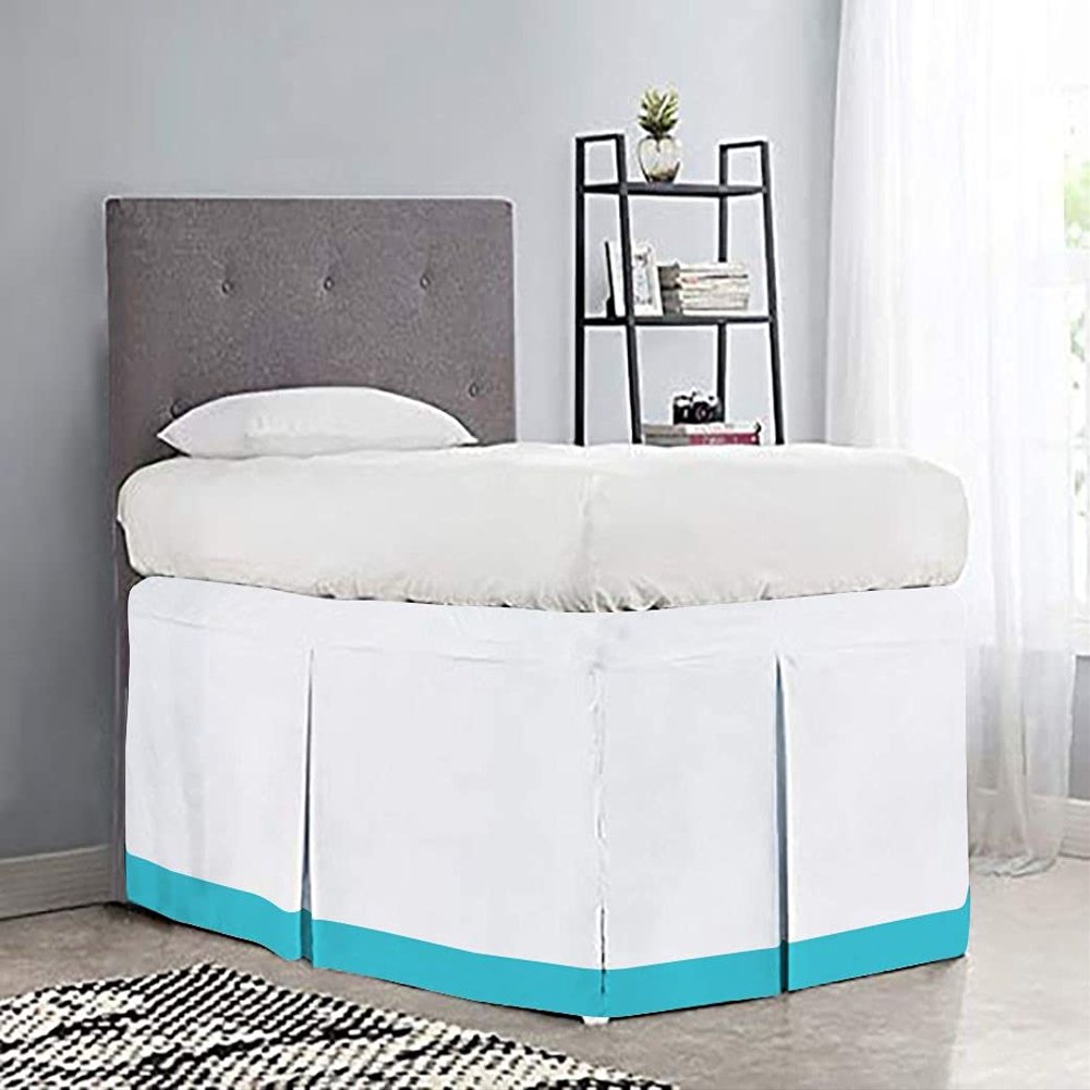 OnlineChoiceSheet White/Turquoise Split Corner Two Tone Tailored Dorm Room Bed Skirt with Three Side Coverage in Twin XL Size (39" x 80"+ 36" Inch) 100% Egyptian Cotton, 1000 Thread Count
