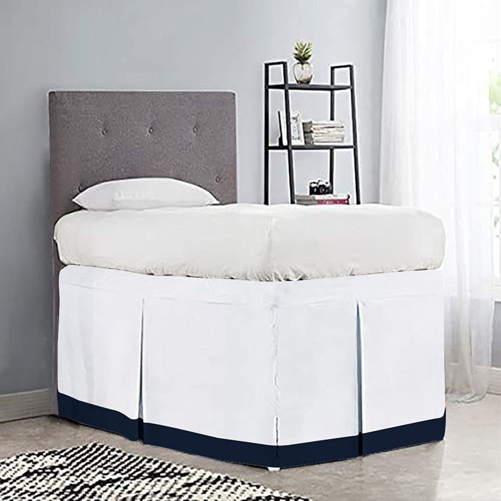 OnlineChoiceSheet White/Navy Split Corner Two Tone Tailored Dorm Room Bed Skirt with Three Side Coverage in Twin XL Size (39" x 80"+ 42" Inch) 100% Egyptian Cotton, 1000 Thread Count