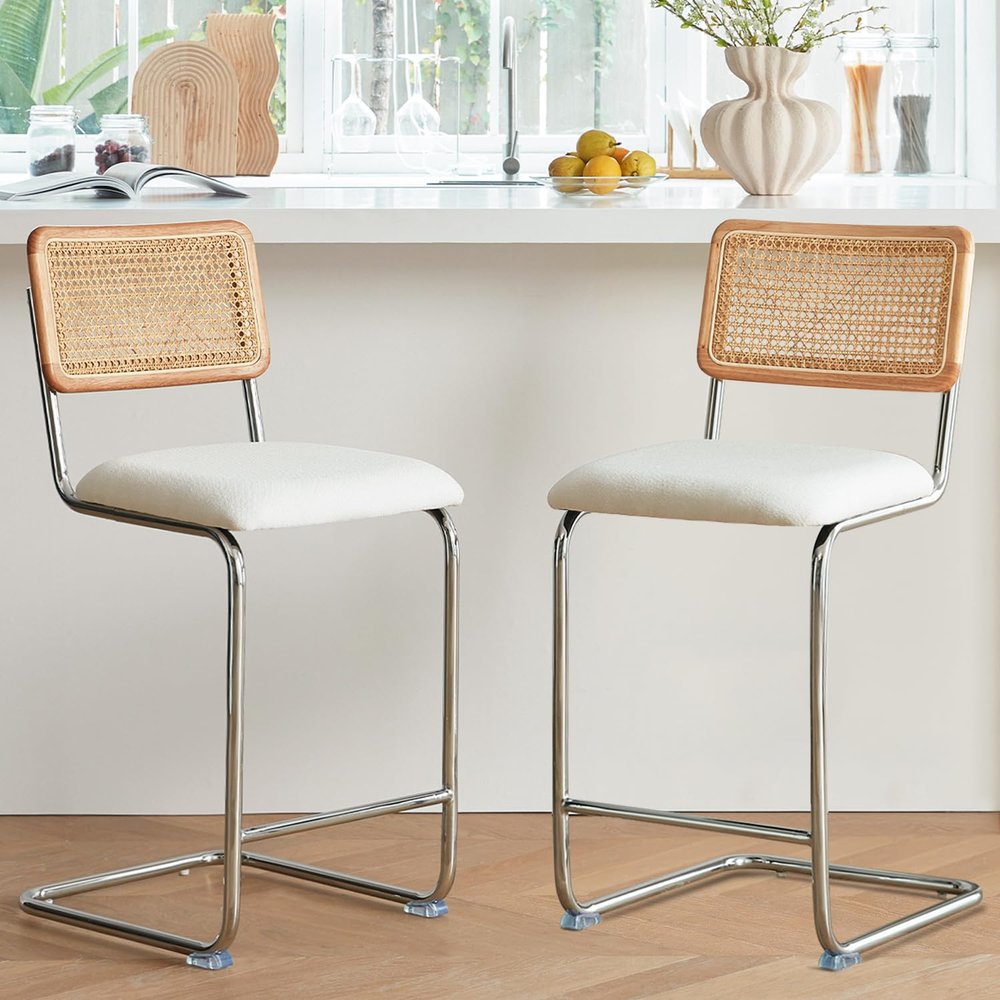 GrandNoor Natural Rattan Counter Height Stools Set of 4 with Solid Wood Back, 24 Inch Mid Century Modern Cesca Bar Stools, White Upholstery Boho Stool for Kitchen Counter with Chrome Metal Legs