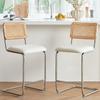 GrandNoor Natural Rattan Counter Height Stools Set of 4 with Solid Wood Back, 24 Inch Mid Century Modern Cesca Bar Stools, White Upholstery Boho Stool for Kitchen Counter with Chrome Metal Legs view 1