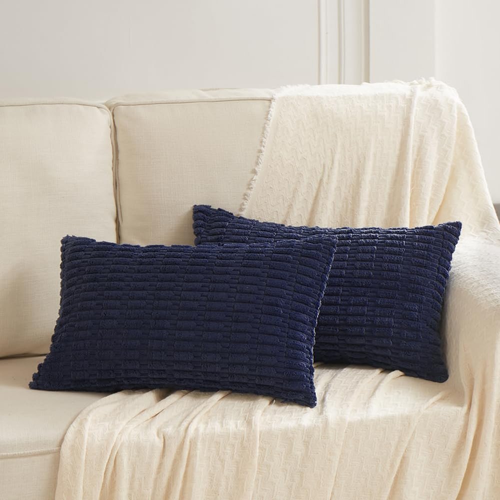 Fancy Homi 2 Packs Navy Blue Decorative Throw Pillow Covers 14x24 Inch for Living Room Couch Bed Sofa, Soft Corduroy Square Cushion Case 35x60 cm, Rustic Modern Farmhouse Boho Home Decor