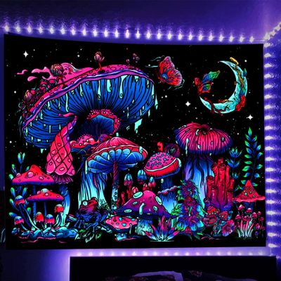 TUGCAY Blacklight Mushroom Tapestry, Glow In The Dark Tapestry Black Light Plant Fantasy UV Reactive Mushroom Butterfly Moon Tapestries Posters Wall Hanging for Bedroom Dorm Decor(60"x80")