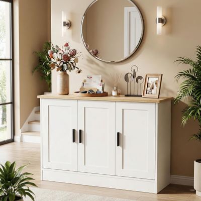 Anystyle 43" White Buffet Cabinet with Black Handles, Small Kitchen Sideboard with 3 Doors & Adjustable Shelves, Modern Entryway Credenza & TV Console Table for Living Room, Dining Room