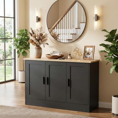 Anystyle 43" Black Buffet Cabinet with Black Handles, Small Kitchen Sideboard with 3 Doors & Adjustable Shelves, Modern Entryway Credenza & TV Console Table for Living Room, Dining Room