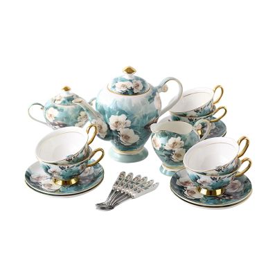 15-Piece Porcelain Coffee Pot Sets, Fine Bone China Tea Set, Cups & Saucer & Spoons Service for 6, Exquisite Afternoon Tea Porcelain Sets with Sugar Bowl & Cream Pitcher