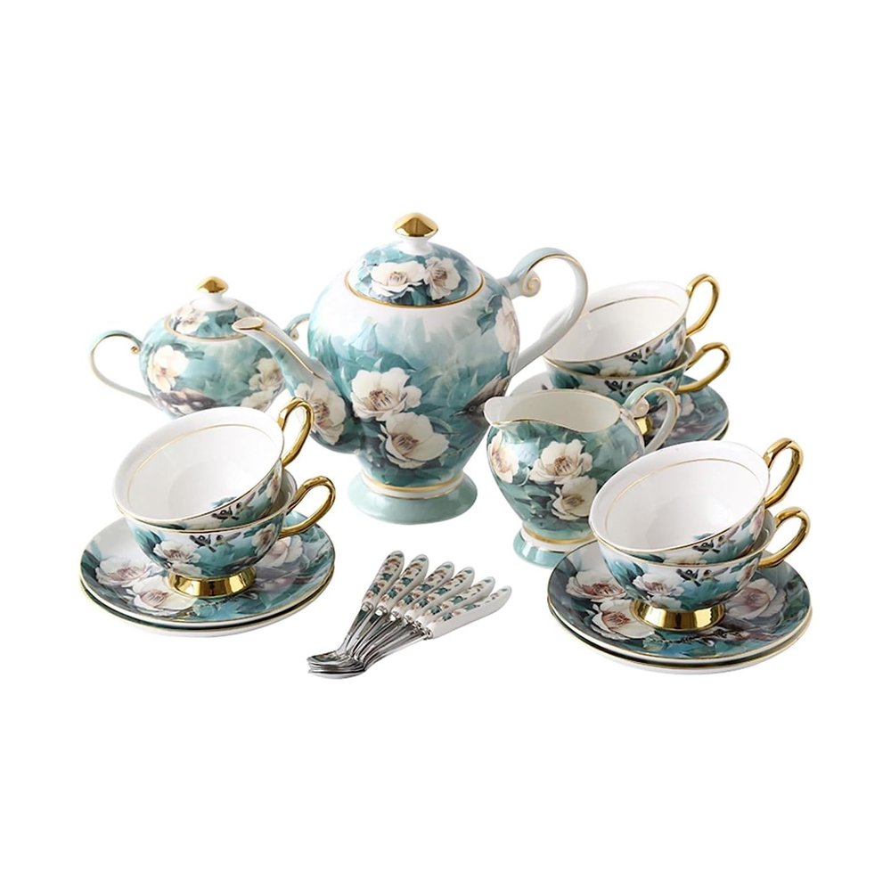15-Piece Porcelain Coffee Pot Sets, Fine Bone China Tea Set, Cups & Saucer & Spoons Service for 6, Exquisite Afternoon Tea Porcelain Sets with Sugar Bowl & Cream Pitcher