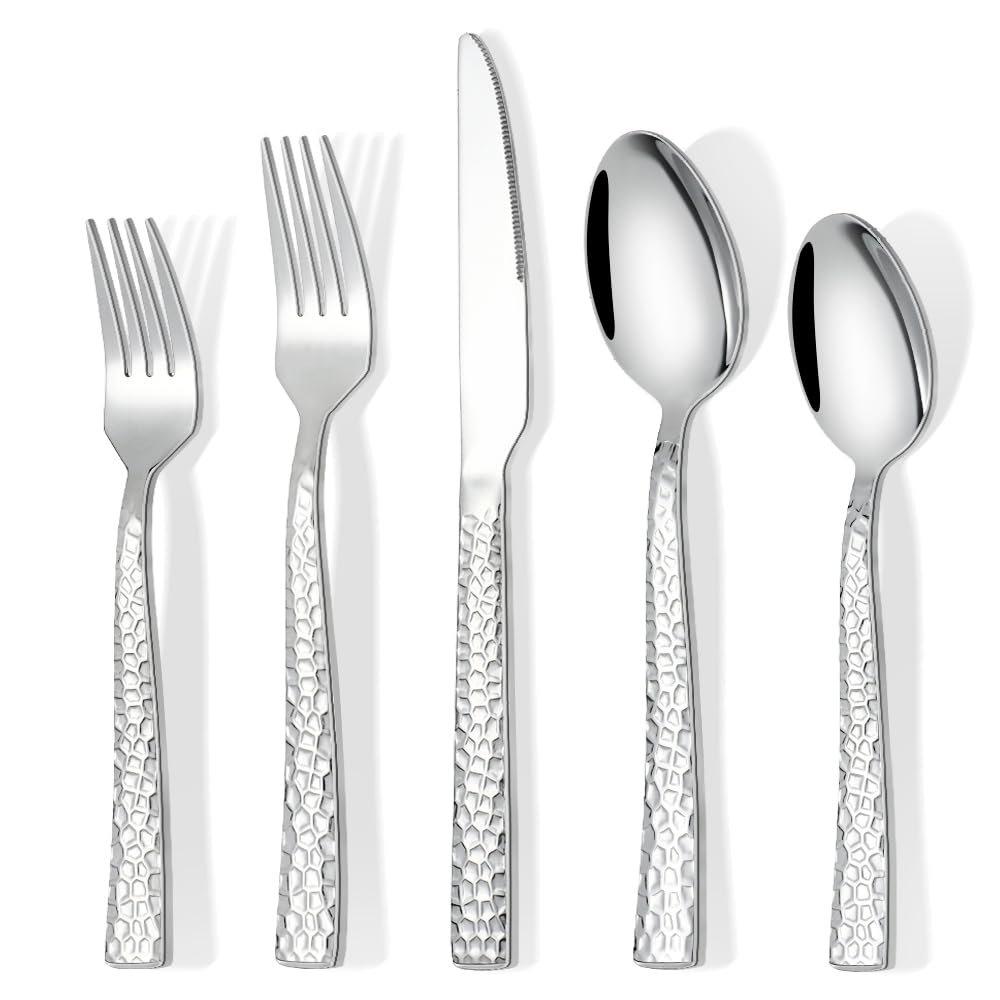 60 Piece Silverware Set for 12, Amafox Stainless Steel Hammered Flatware Set, Kitchen Utensil Cutlery Silverware Set Include Fork Spoon Knife, Mirror Finished Silverware Sets, Dishwasher Safe
