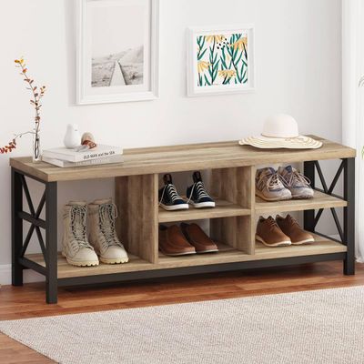 FATORRI Shoe Bench Entryway with Storage, Industrial Wood and Metal Hallway Benches with Adjustable Shelves, Rustic Entry Way Bench for Living Room (47.24 Inch Long, Rustic Oak)