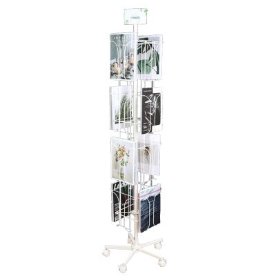 Rotating Metal Magazine Rack,4-Tier Leaflet Brochure Holder for A4 Size Document,Booklet,Newspaper Bookshelf Rack Storage Basket White