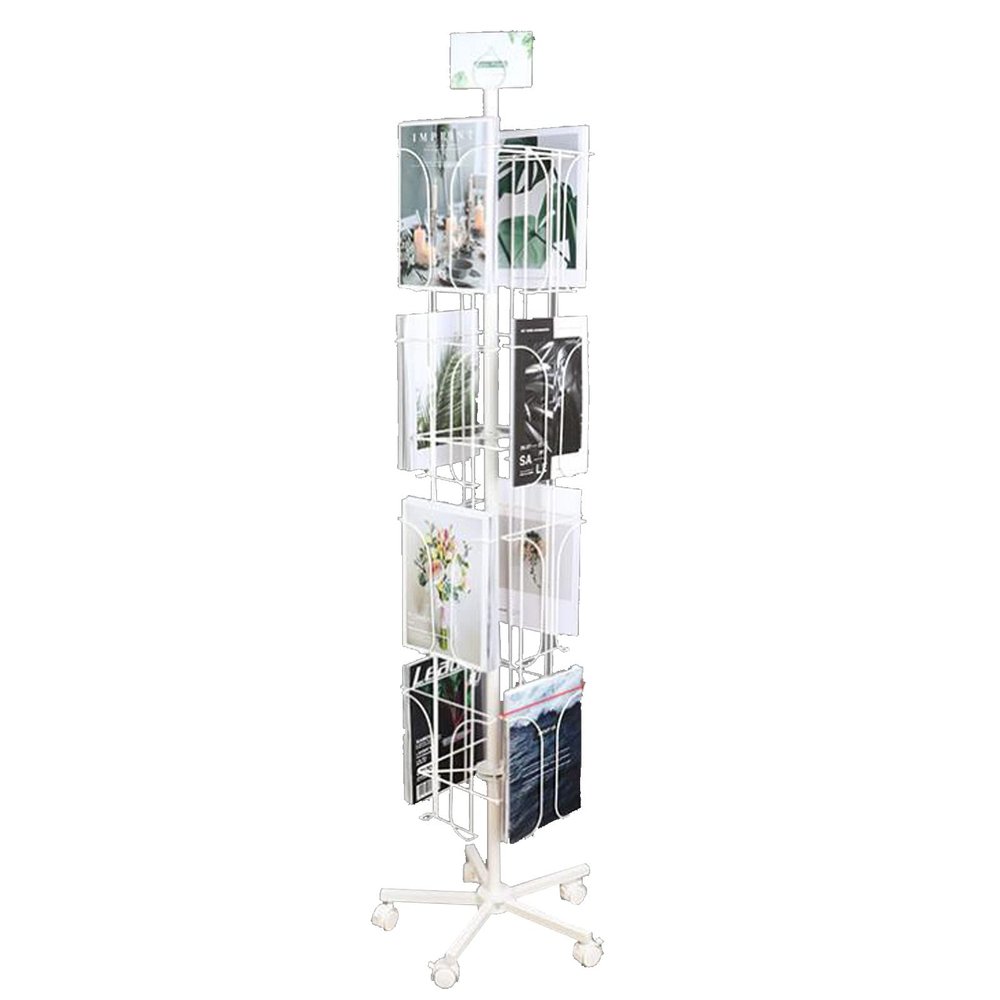Rotating Metal Magazine Rack,4-Tier Leaflet Brochure Holder for A4 Size Document,Booklet,Newspaper Bookshelf Rack Storage Basket White