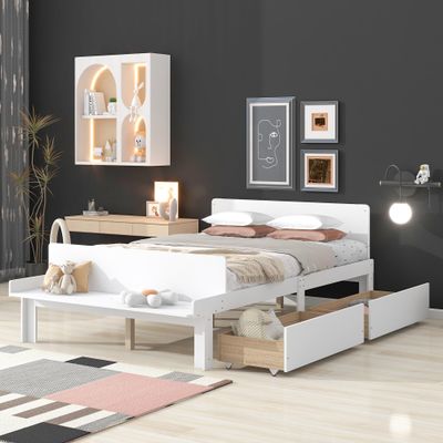 NCKMYB Kids Bed Frame with 2 Drawers Full Size Children Platform Bed with Headboard and Footboard, Wooden Bed Frame forTeen Boy Girl, White
