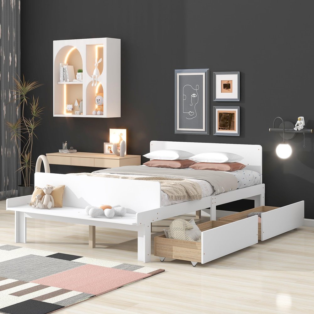 NCKMYB Kids Bed Frame with 2 Drawers Full Size Children Platform Bed with Headboard and Footboard, Wooden Bed Frame forTeen Boy Girl, White
