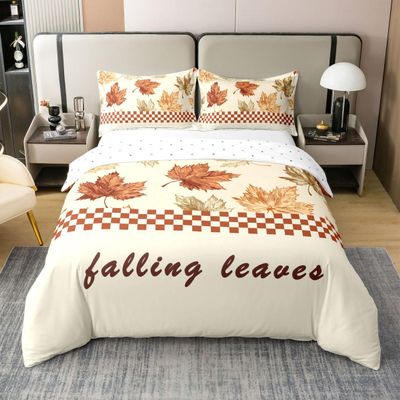 jejeloiu Fall Duvet Cover 100% Cotton King Size Boys Girls Fall Maple Leaf Bedding Set for Kids Buffalo Plaid Home Decor Comforter Cover Set Autumn Beige Bedspread Cover Bedclothes Zipper