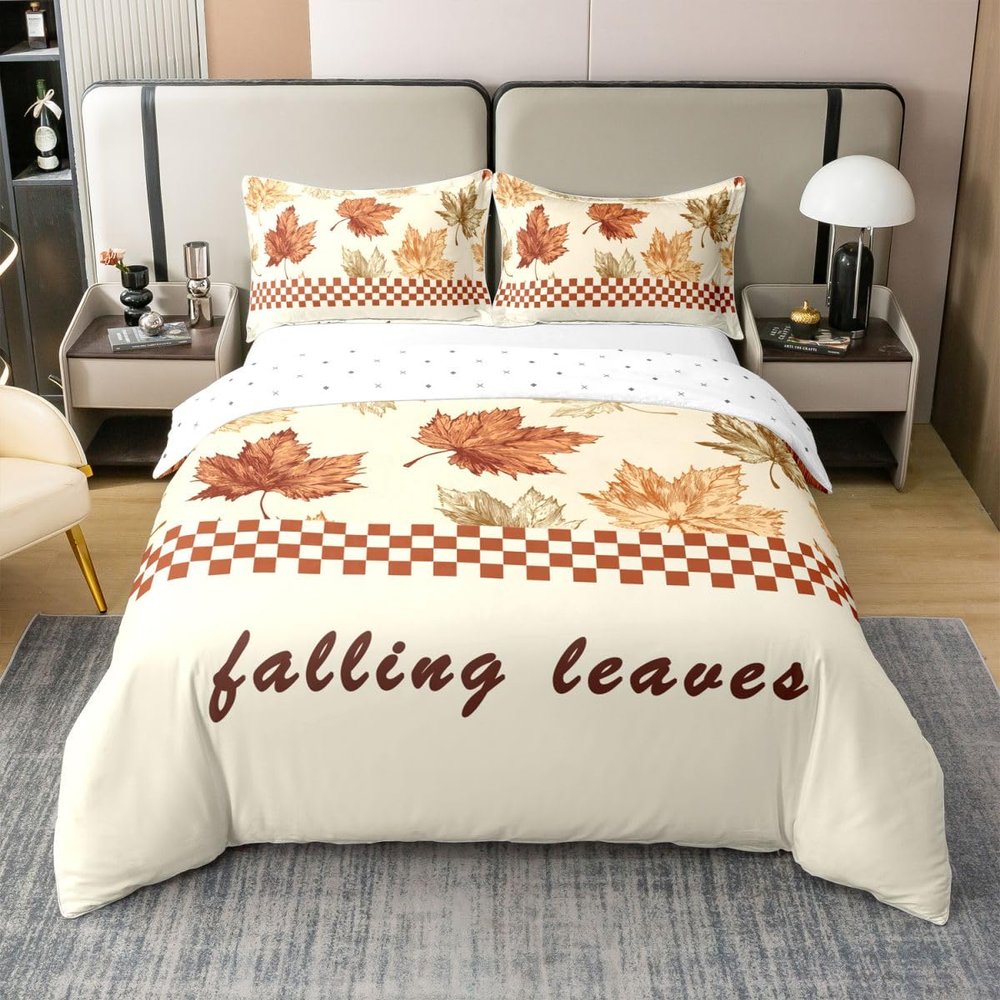 jejeloiu Fall Duvet Cover 100% Cotton King Size Boys Girls Fall Maple Leaf Bedding Set for Kids Buffalo Plaid Home Decor Comforter Cover Set Autumn Beige Bedspread Cover Bedclothes Zipper