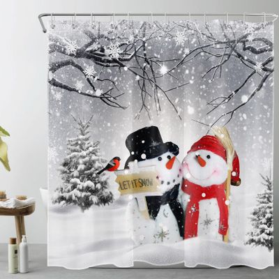 HVEST Winter Christmas Shower Curtain for Bathroom, Snowman and Cardinals in Grey Snow Forest Shower Curtain with Hooks, Snow Covers Pine Tree Bathroom Curtains Shower Set Holiday Decor, 72X72 inch