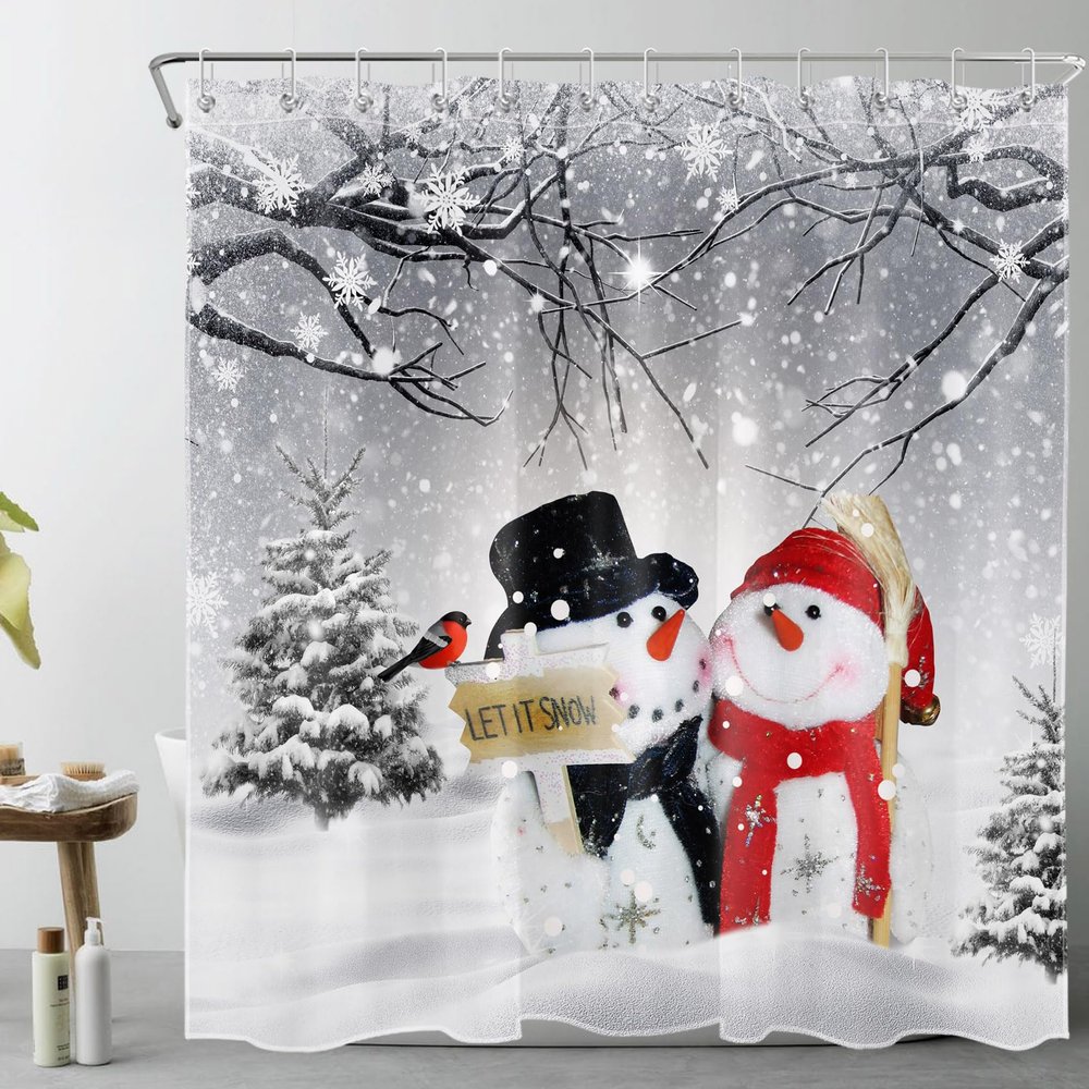 HVEST Winter Christmas Shower Curtain for Bathroom, Snowman and Cardinals in Grey Snow Forest Shower Curtain with Hooks, Snow Covers Pine Tree Bathroom Curtains Shower Set Holiday Decor, 72X72 inch