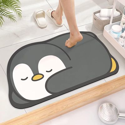 CHDGSJ Stone Bath Mat Diatomaceous Earth Shower Mat Extra Large Soft Non-Slip Quick Drying Shower Mat for Elderly and Children, Ultra Thin Mat for Kitchen, Bathroom, Doorway(Penguin B,50 * 80cm)