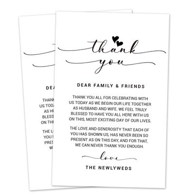 50 Thank You Placecards for Wedding, Wedding Thank You Place Setting Cards for Table Reception, Dinner Plates, Wedding Reception Thank You Cards, Heart Script,4 x 6 inch.