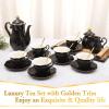DUJUST 22 pcs Porcelain Tea Set for 6, Luxury British Style Tea/Coffee Cup Set with Golden Trim, Beautiful Tea Set for Women, Tea Party Set, Gift Package (Including a Stand) - Black view 2