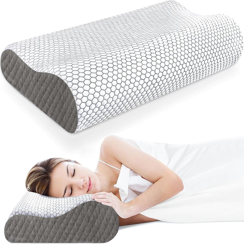 CloudBliss Memory Foam Pillow, Ergonomic Neck Contour Cervical Pillow for Back and Shoulder Pain, Orthopedic Pillow for Neck Pain Relief, for Sleeping Side, Back, Stomach Sleepers - Grey, Standard