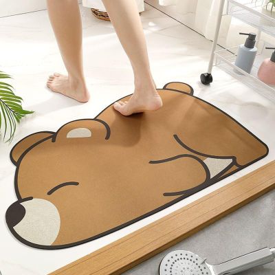 CHDGSJ Stone Bath Mat Diatomaceous Earth Shower Mat Extra Large Soft Non-Slip Quick Drying Shower Mat for Elderly and Children, Ultra Thin Mat for Kitchen, Bathroom, Doorway(Brown Bear,50 * 80cm)