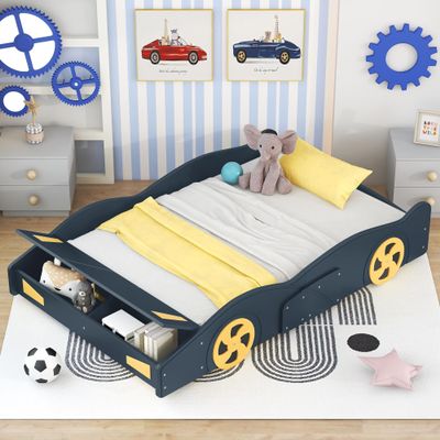 CITYLIGHT Full Size Car Beds for Boys, Race Car-Shaped Full Bed Frame with Wheels and Storage, Wooden Kids Car Full Bed for Boys with Slat Support for Child's Bedroom,Dark Blue+Yellow
