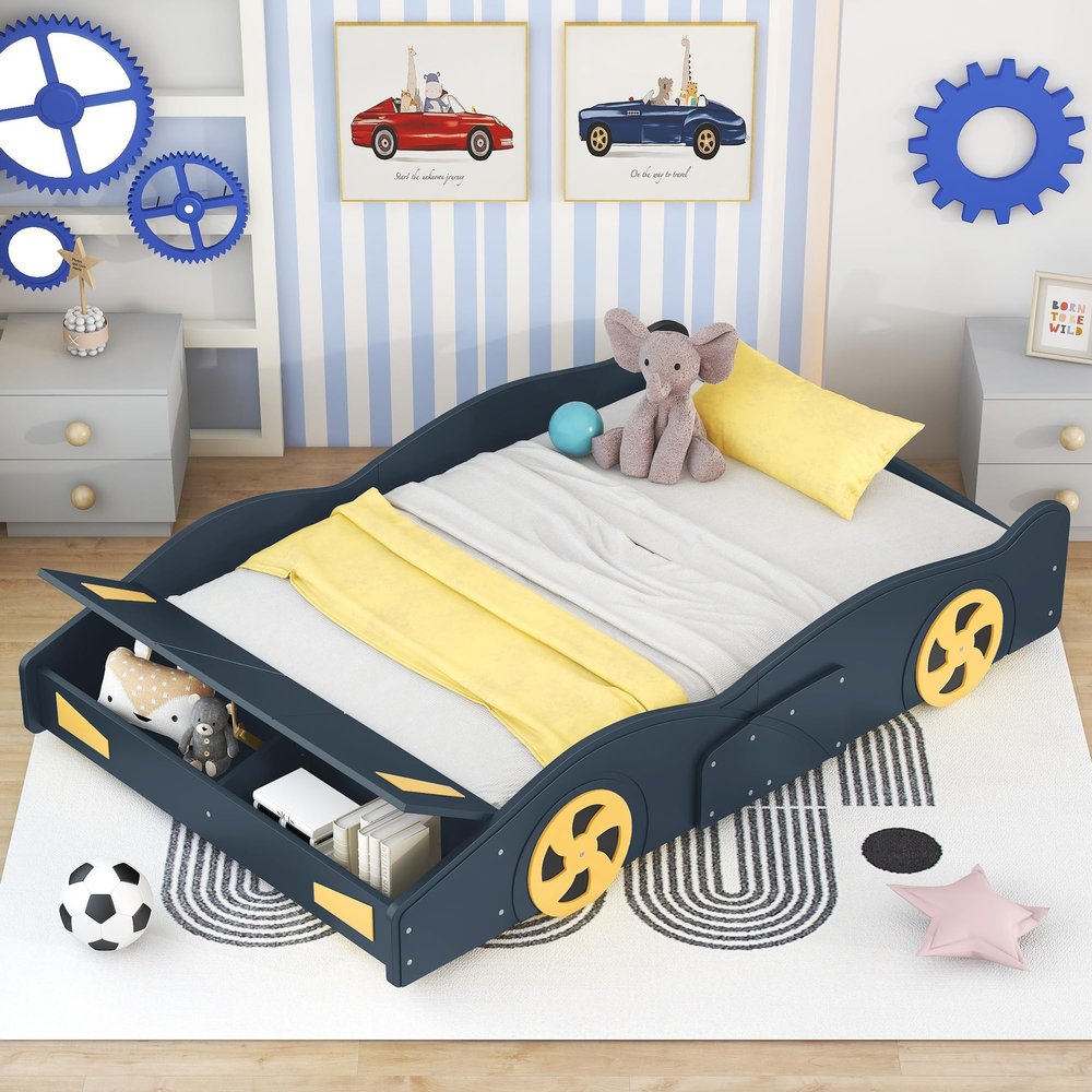 CITYLIGHT Full Size Car Beds for Boys, Race Car-Shaped Full Bed Frame with Wheels and Storage, Wooden Kids Car Full Bed for Boys with Slat Support for Child's Bedroom,Dark Blue+Yellow