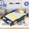 CITYLIGHT Full Size Car Beds for Boys, Race Car-Shaped Full Bed Frame with Wheels and Storage, Wooden Kids Car Full Bed for Boys with Slat Support for Child's Bedroom,Dark Blue+Yellow view 1